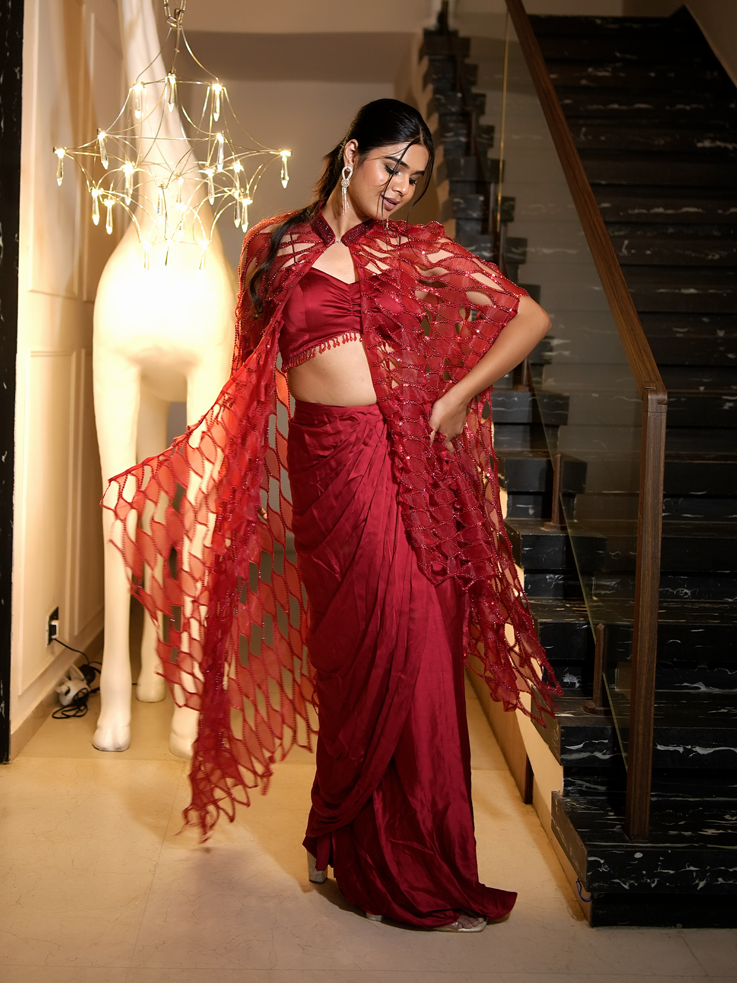 Scarlet Allure: Three-Piece Cape Saree Set