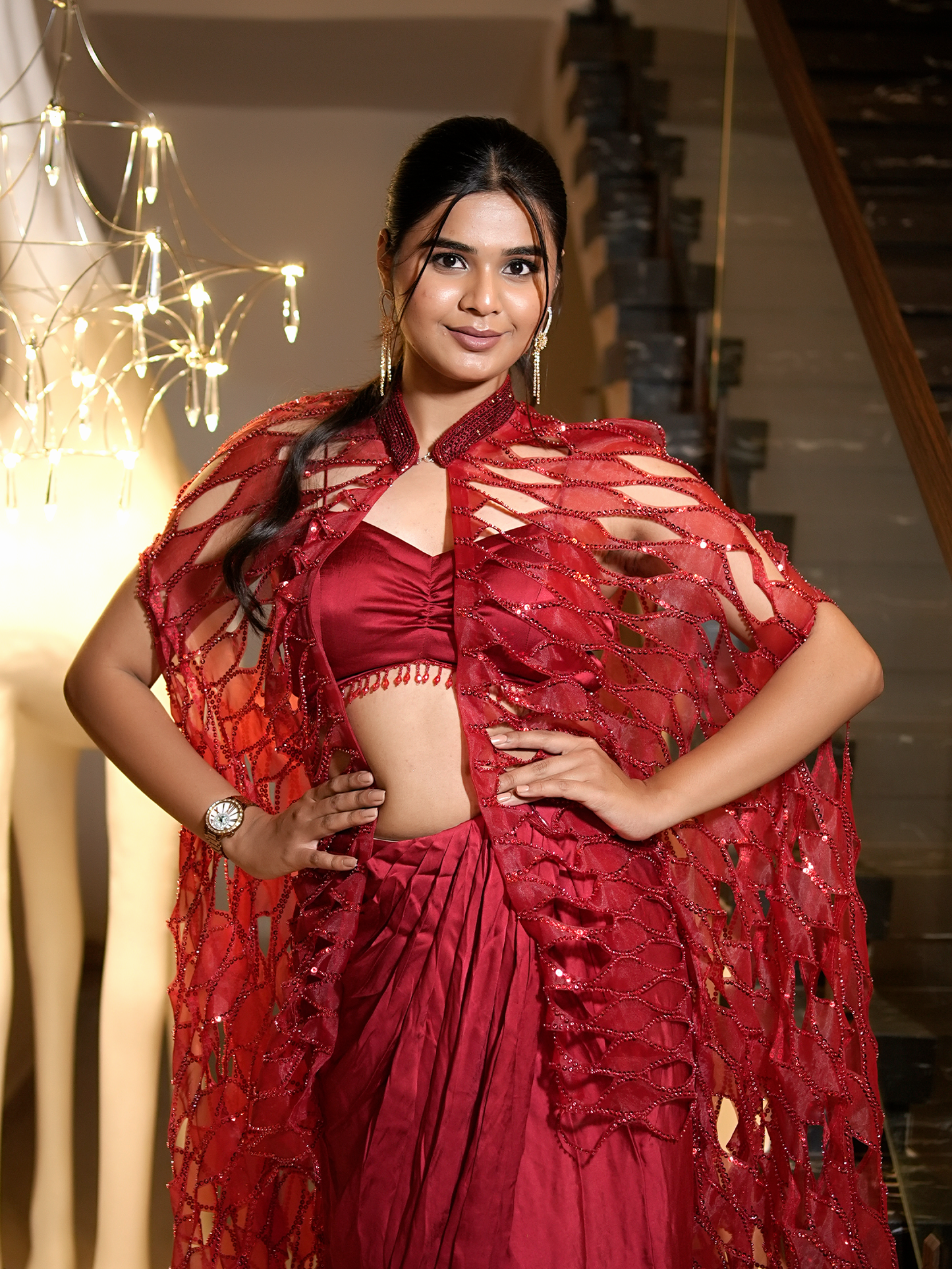 Scarlet Allure: Three-Piece Cape Saree Set