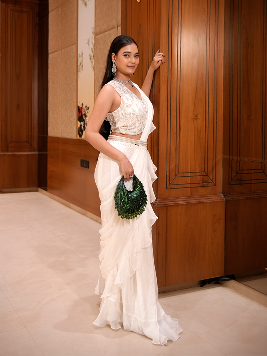 Ivory Grace: Hand-Embroidered Ruffle Saree Set