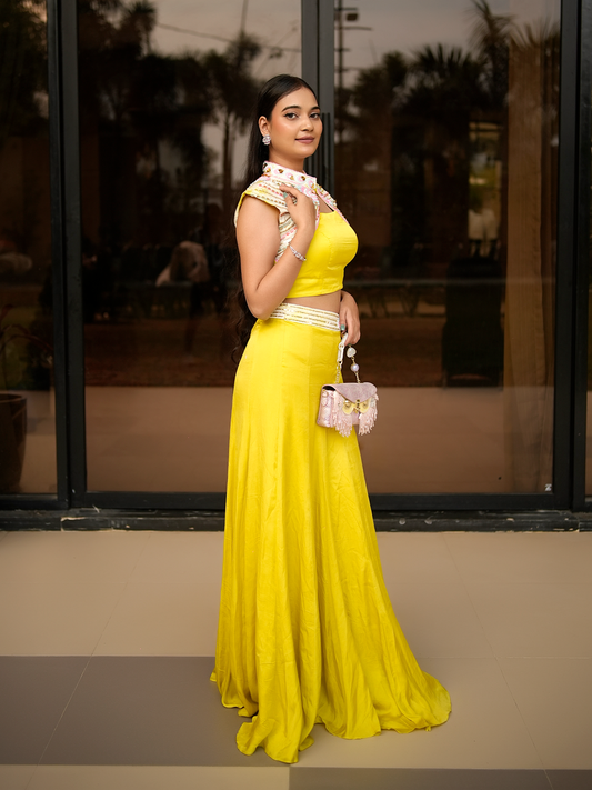 Sunbeam Bloom: Embellished Cape & Skirt Set