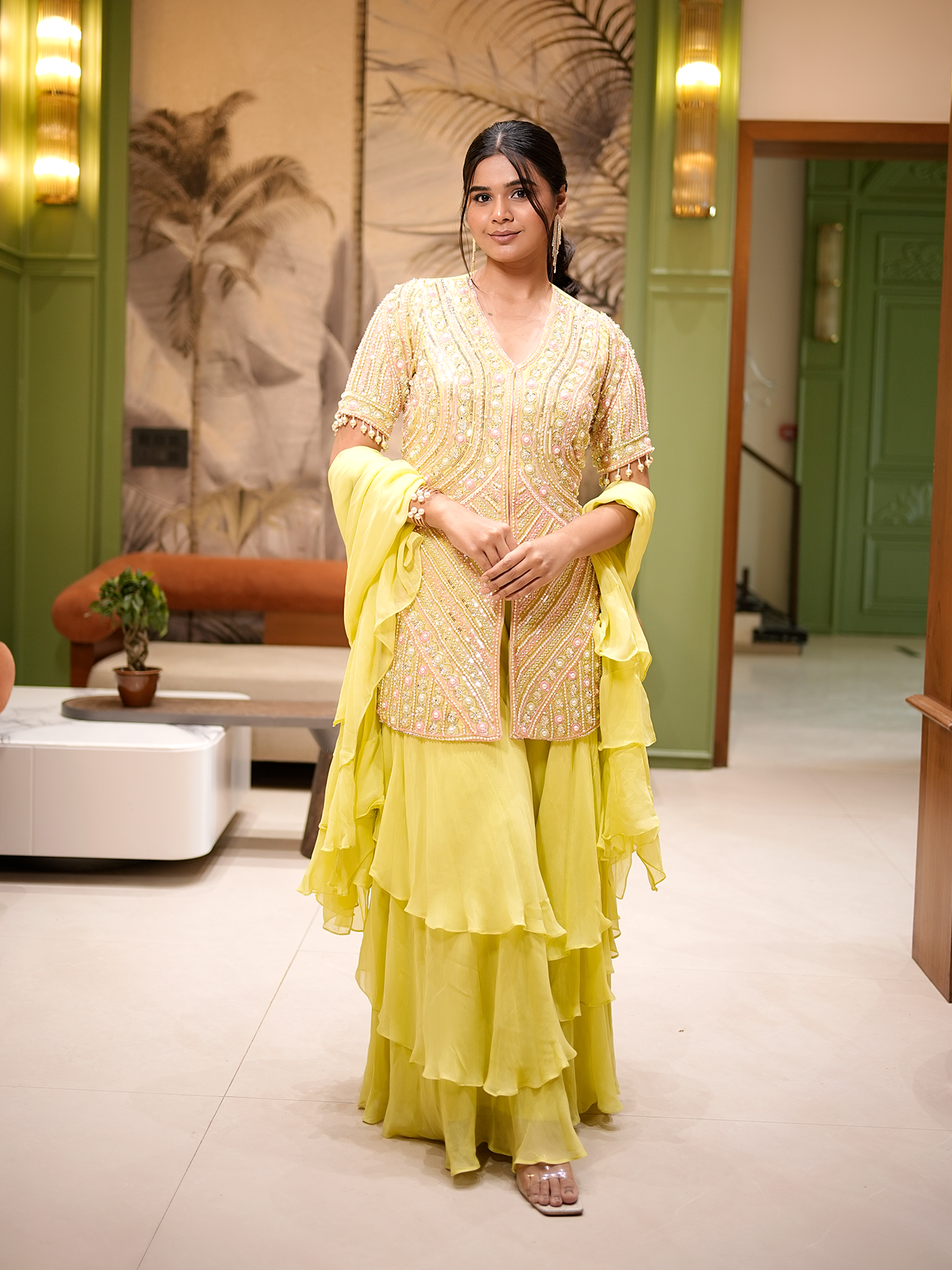 Sunlit Serenade: Hand-Embroidered Kurta & Ruffle Sharara Set