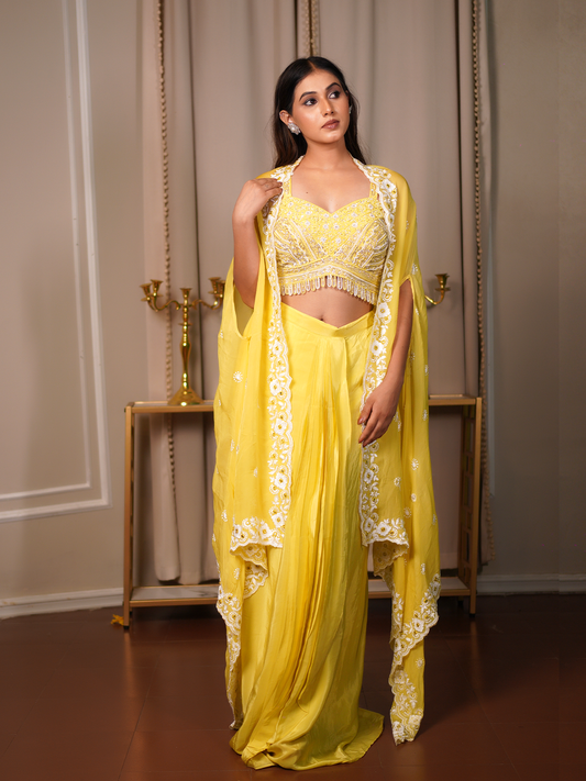 Sunlit Grace – Yellow Drape Saree Set