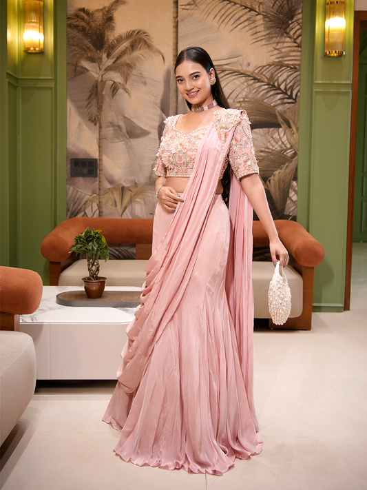 Blush Bloom: Embellished Blouse & Draped Skirt Set