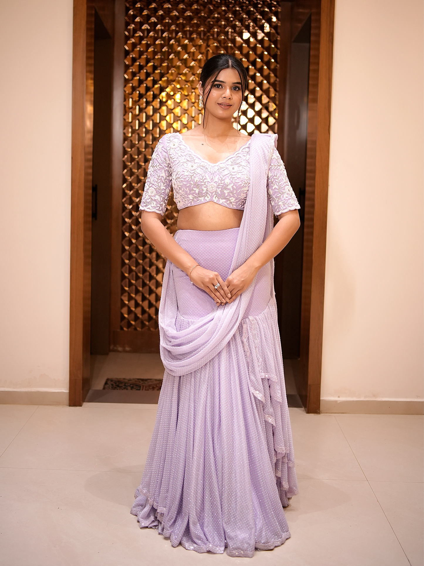 Lavender Whimsy: Embroidered Blouse & Flared Skirt Set