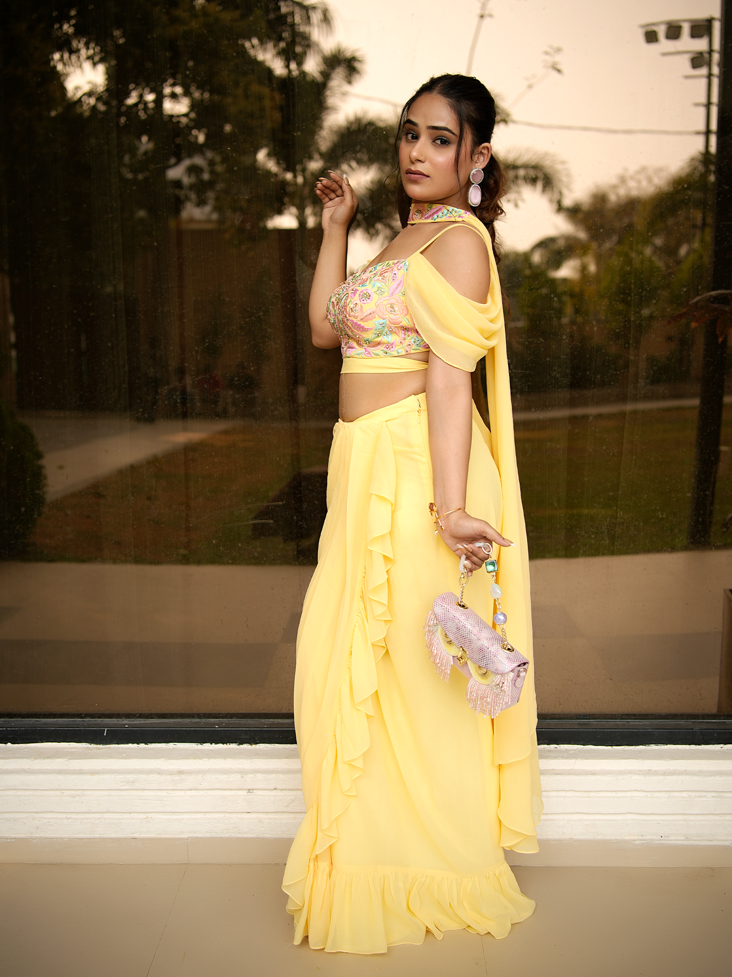 Lemon Fizz: Embroidered Bustier & Ruffle Saree Set