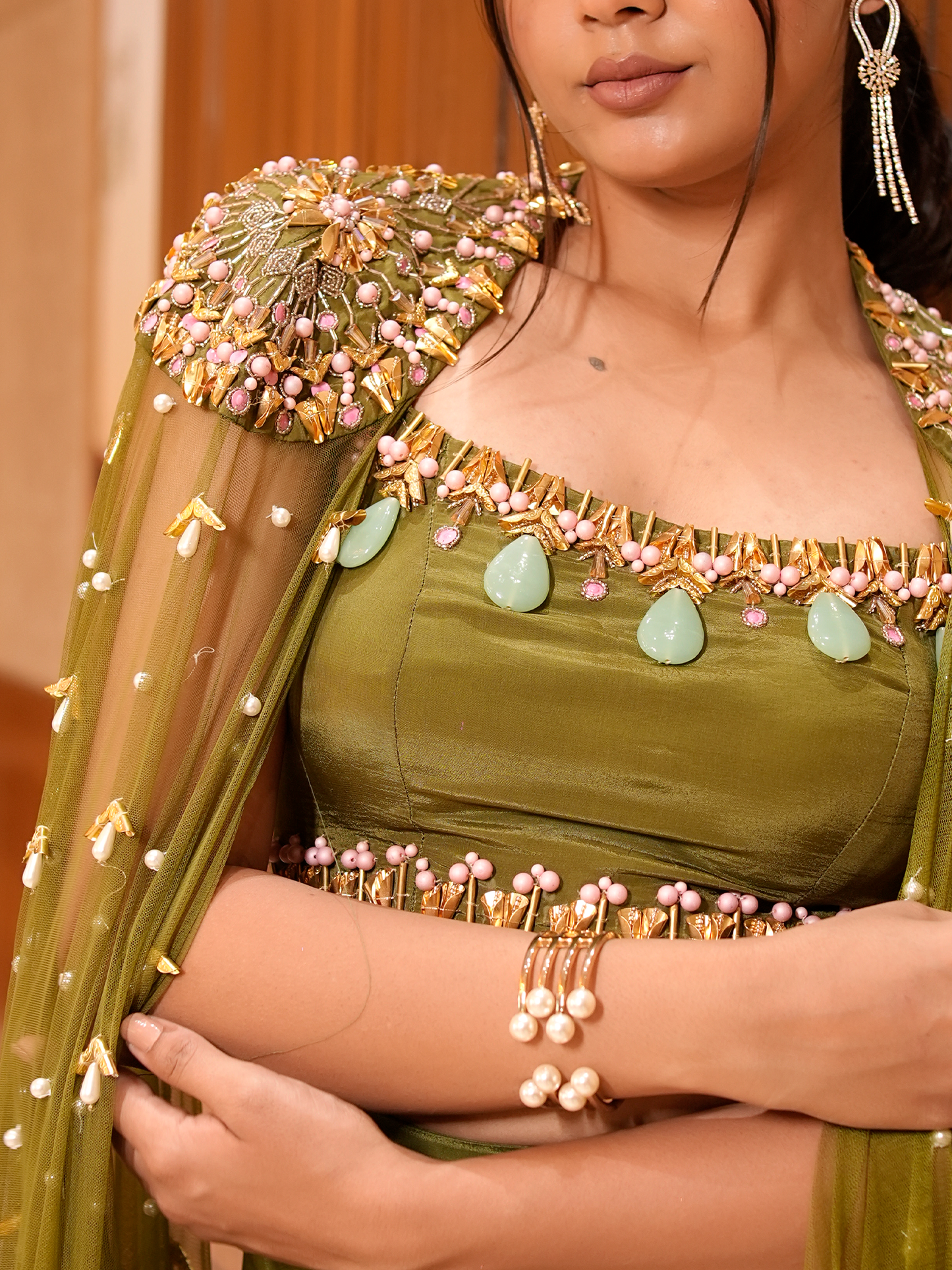 Ethereal Olive: Cape Blouse & Draped Skirt Set