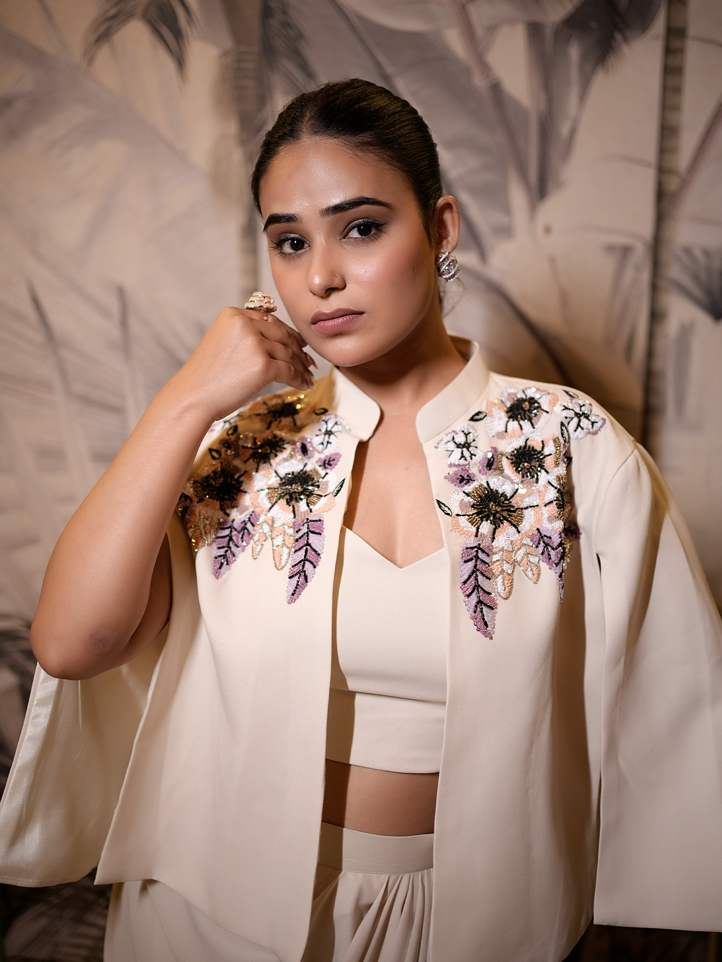 Ivory Eclipse: Embroidered Cape & Drape Skirt Set