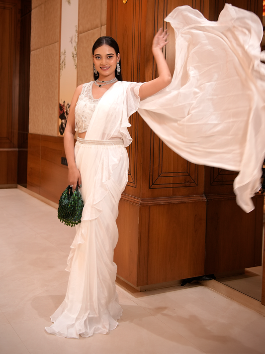 Ivory Grace: Hand-Embroidered Ruffle Saree Set
