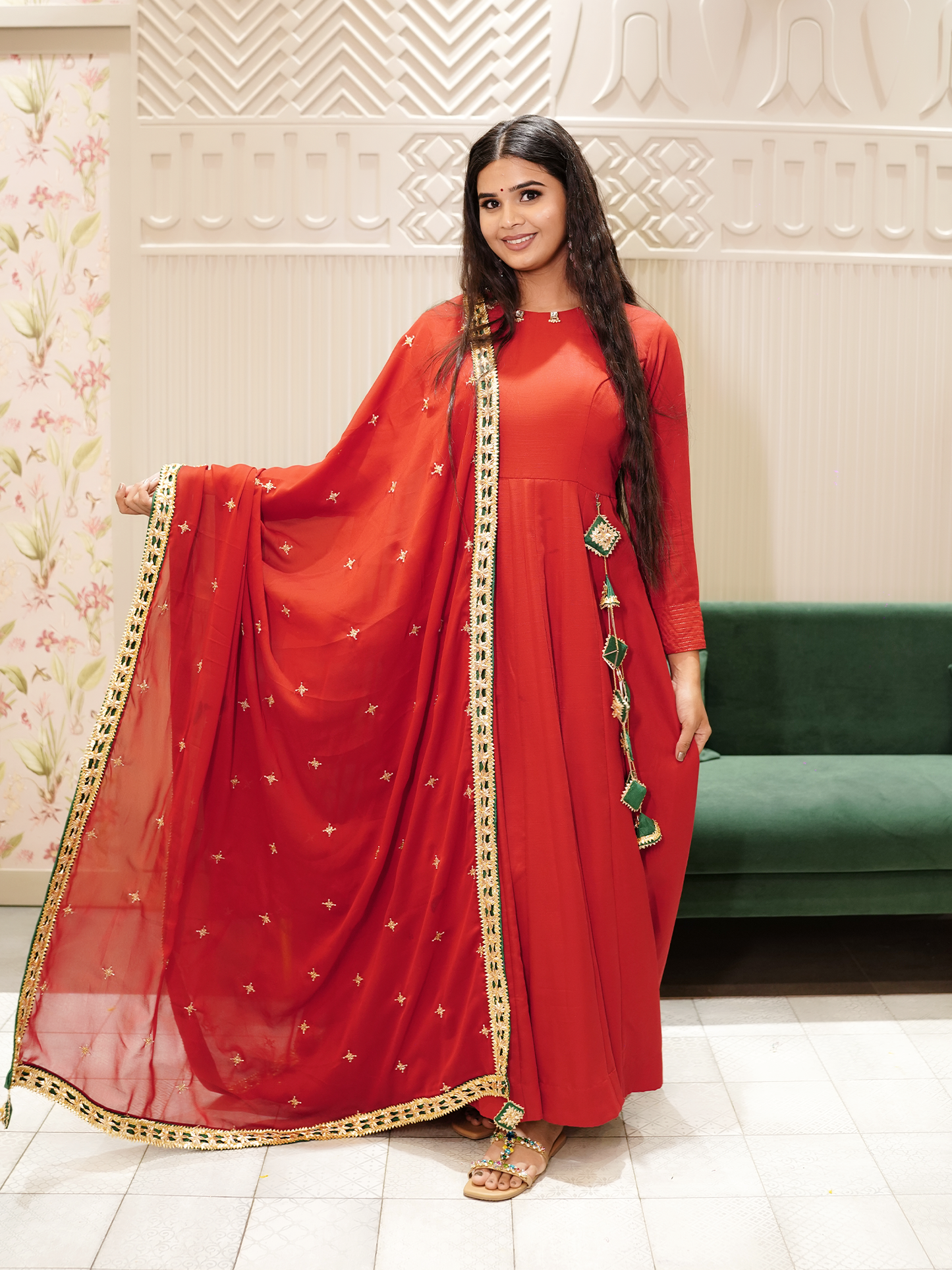 Red  Anarkali Set with Gotta Work
