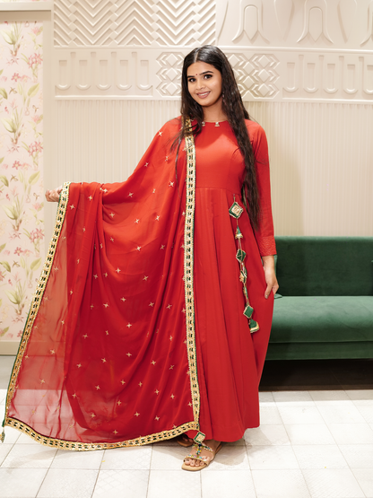 Red  Anarkali Set with Gotta Work