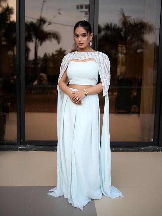 Celestial Bloom – Powder Blue Cape Set