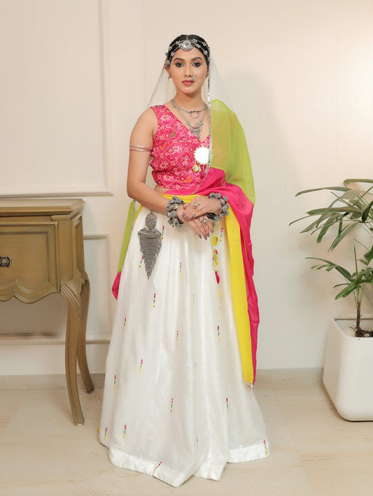 Mirror Bloom – White & Pink Chanderi Set