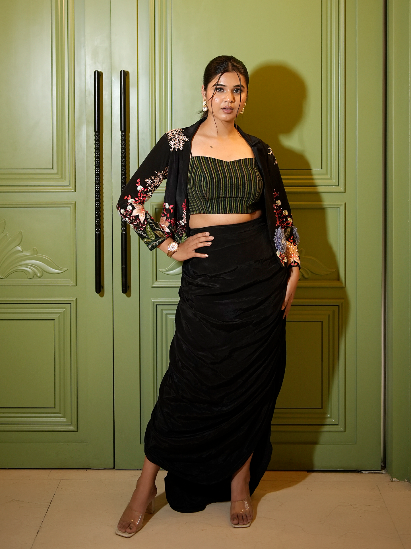 Midnight Garden: Embroidered Jacket & Drape Skirt Set