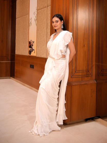 Ivory Grace: Hand-Embroidered Ruffle Saree Set