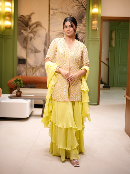 Sunlit Serenade: Hand-Embroidered Kurta & Ruffle Sharara Set