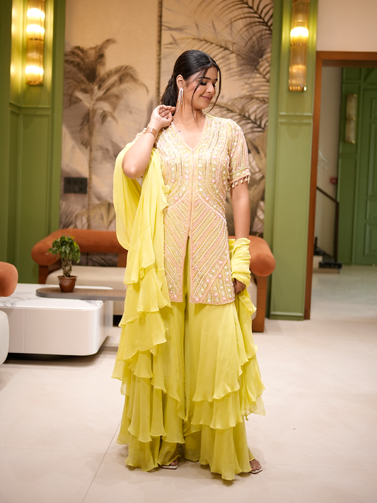 Sunlit Serenade: Hand-Embroidered Kurta & Ruffle Sharara Set