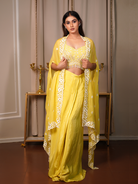 Sunlit Grace – Yellow Drape Saree Set