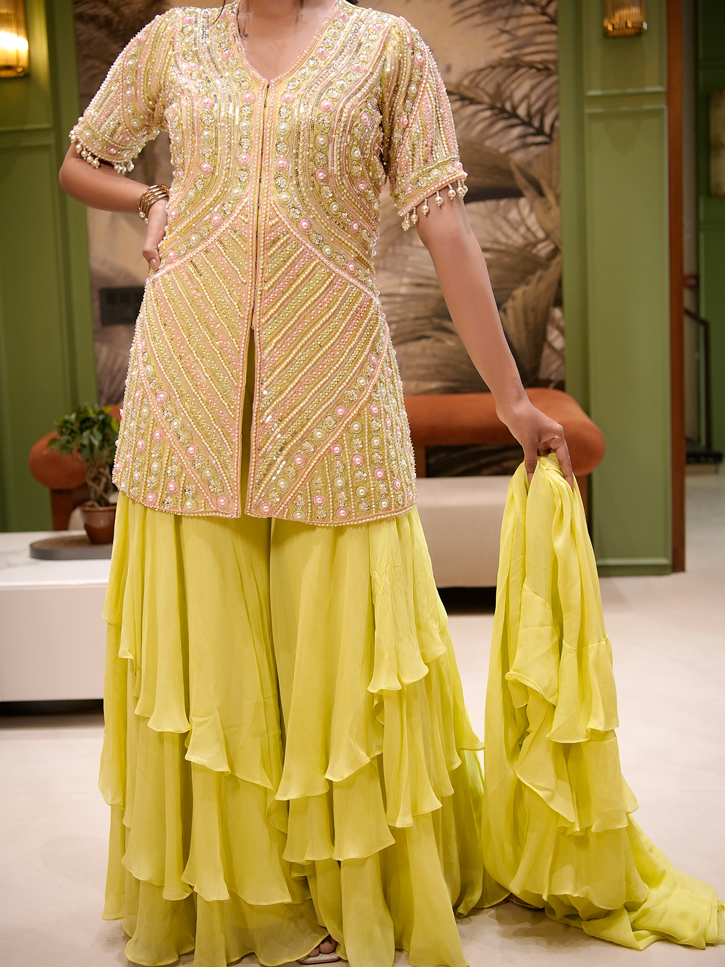 Sunlit Serenade: Hand-Embroidered Kurta & Ruffle Sharara Set