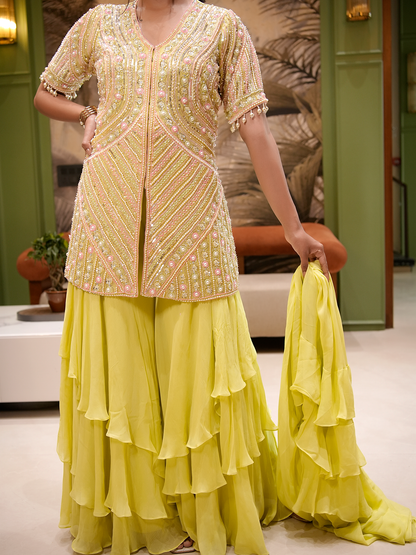Sunlit Serenade: Hand-Embroidered Kurta & Ruffle Sharara Set