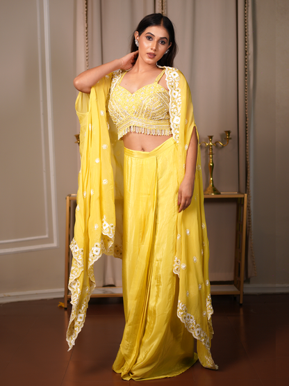 Sunlit Grace – Yellow Drape Saree Set