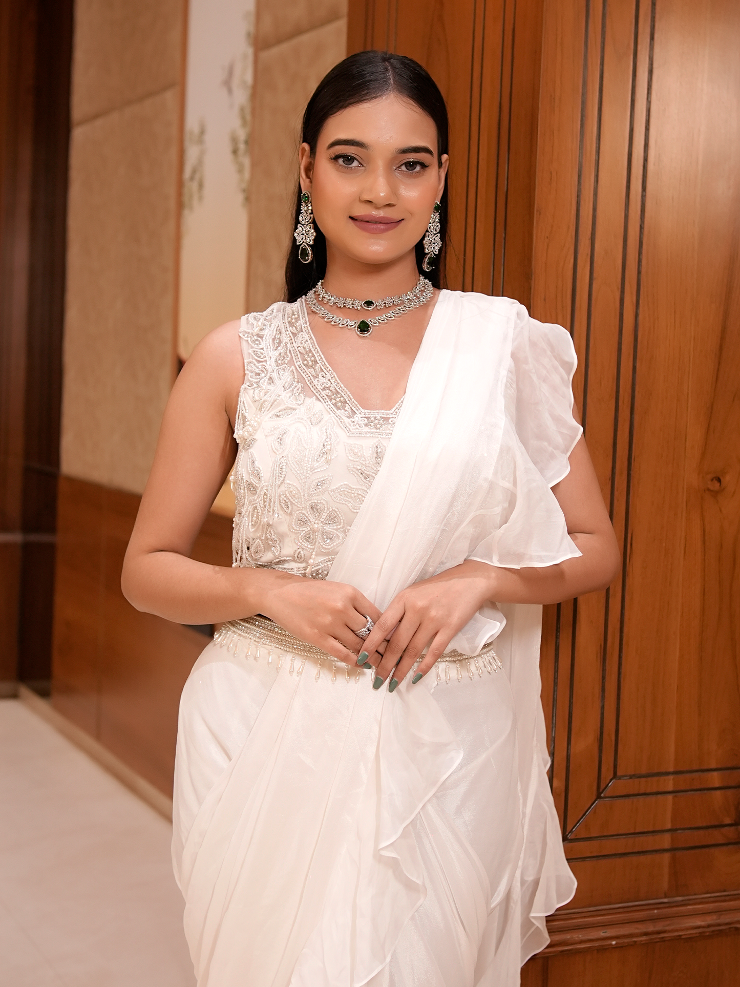 Ivory Grace: Hand-Embroidered Ruffle Saree Set