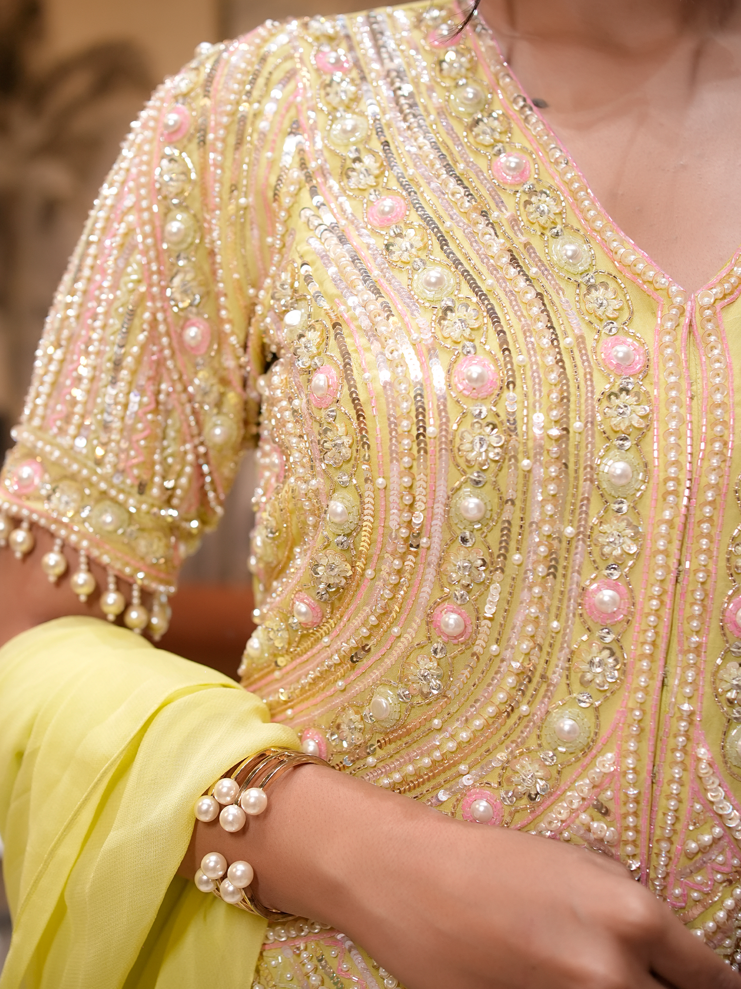 Sunlit Serenade: Hand-Embroidered Kurta & Ruffle Sharara Set