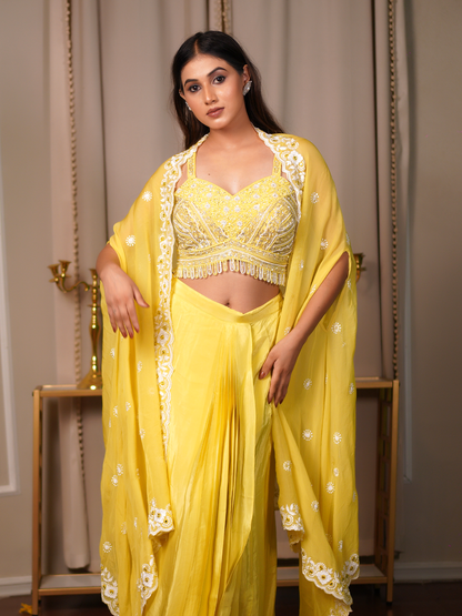 Sunlit Grace – Yellow Drape Saree Set