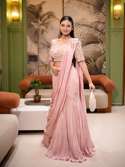 Blush Bloom: Embellished Blouse & Draped Skirt Set