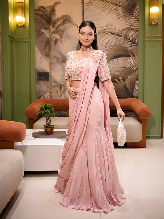 Blush Bloom: Embellished Blouse & Draped Skirt Set