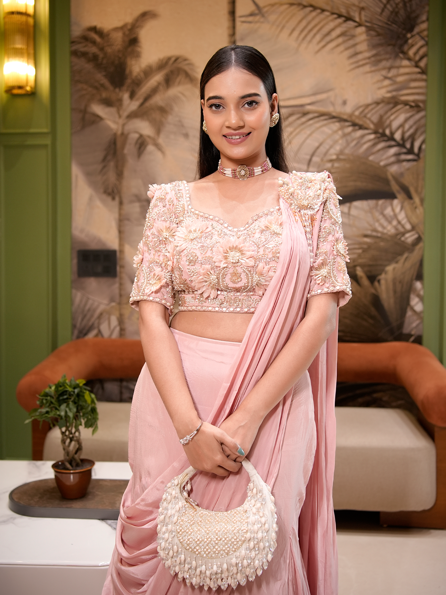 Blush Bloom: Embellished Blouse & Draped Skirt Set