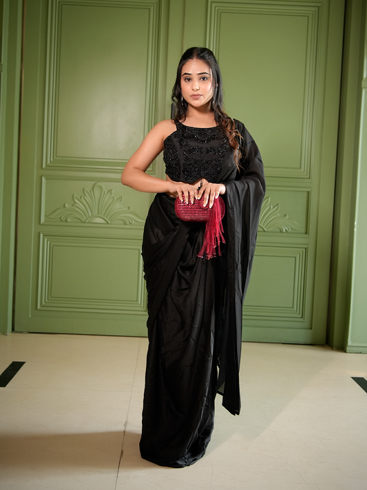 Noir Muse: Embellished Blouse & Draped Saree Set