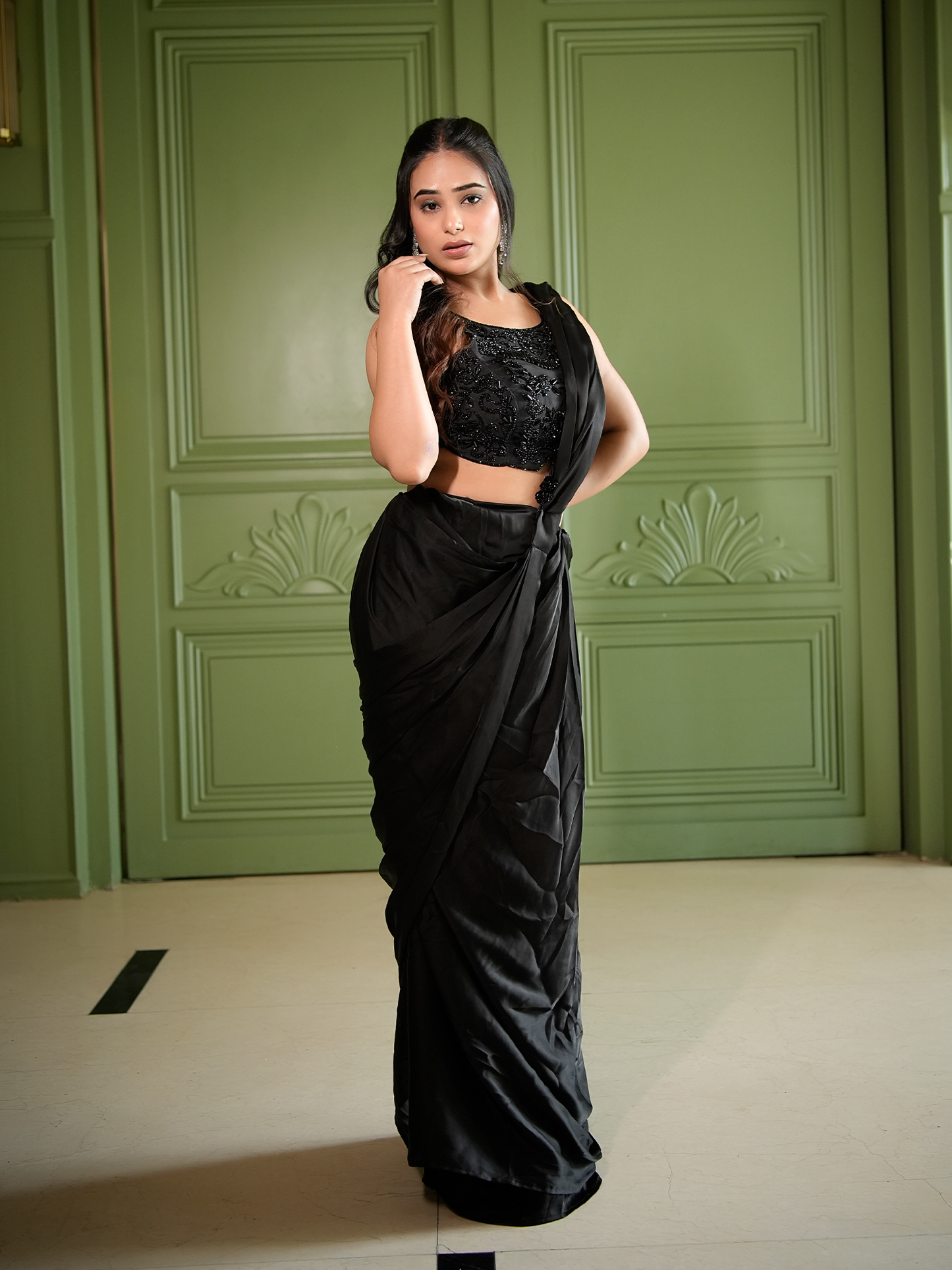 Noir Muse: Embellished Blouse & Draped Saree Set