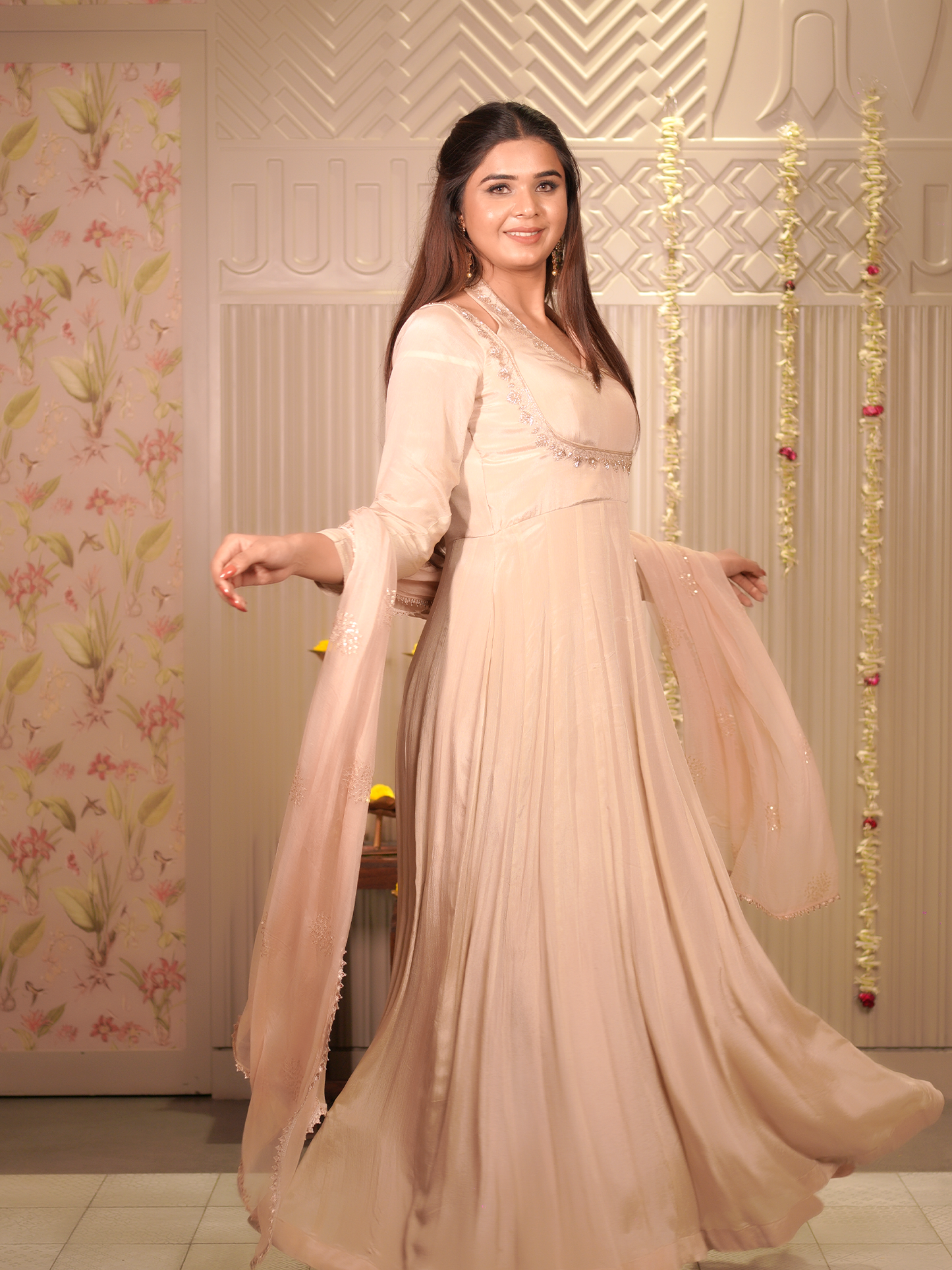 Champagne Glow Hand-Embroidered Anarkali Set