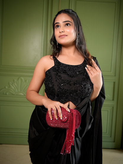 Noir Muse: Embellished Blouse & Draped Saree Set