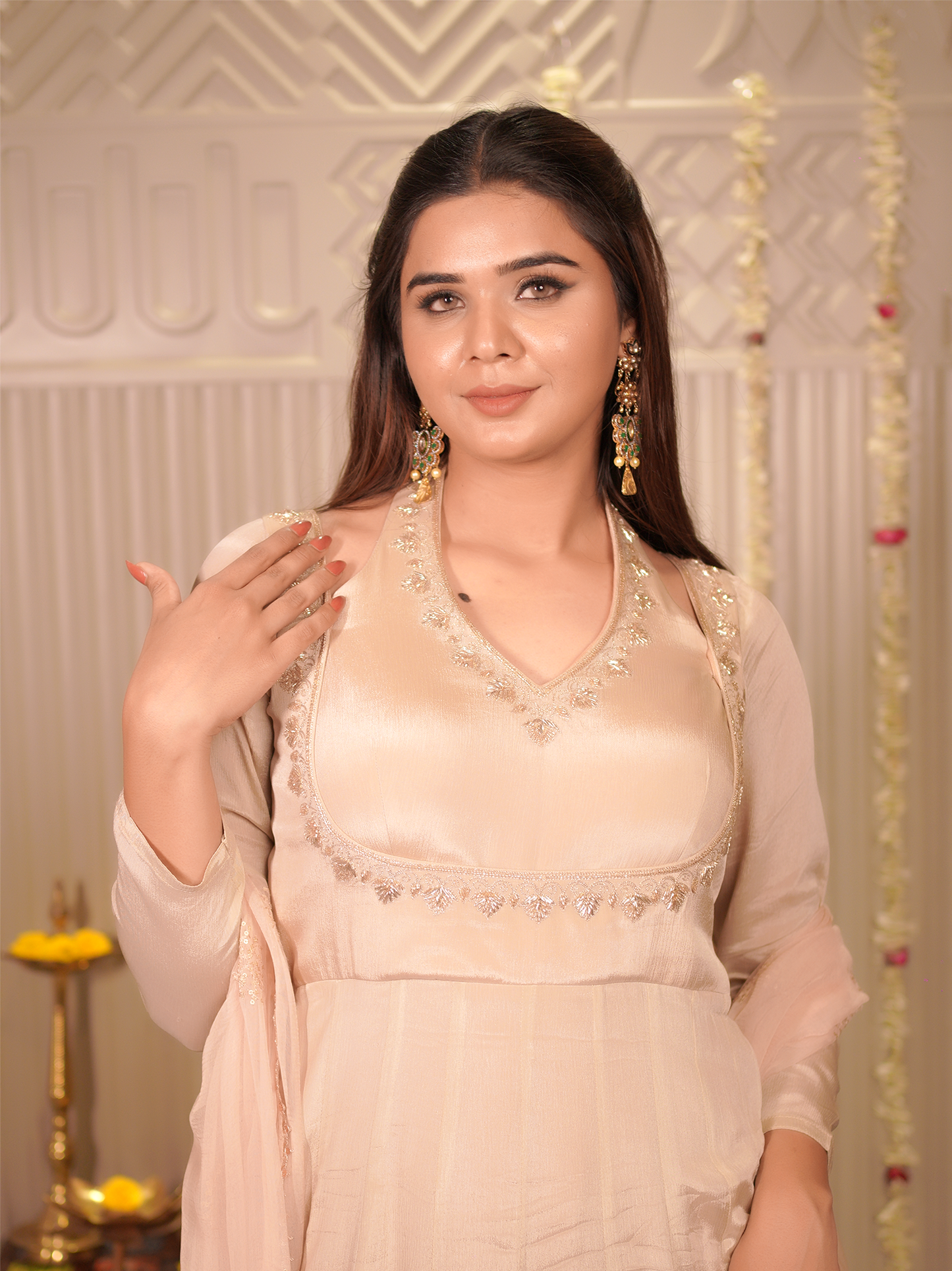 Champagne Glow Hand-Embroidered Anarkali Set