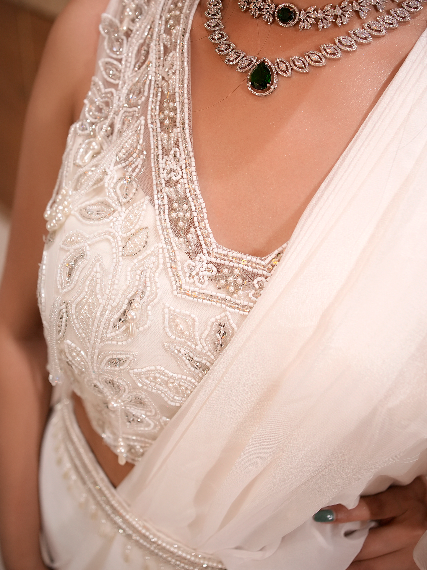 Ivory Grace: Hand-Embroidered Ruffle Saree Set