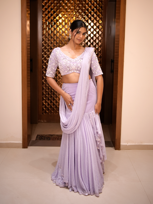 Lavender Whimsy: Embroidered Blouse & Flared Skirt Set