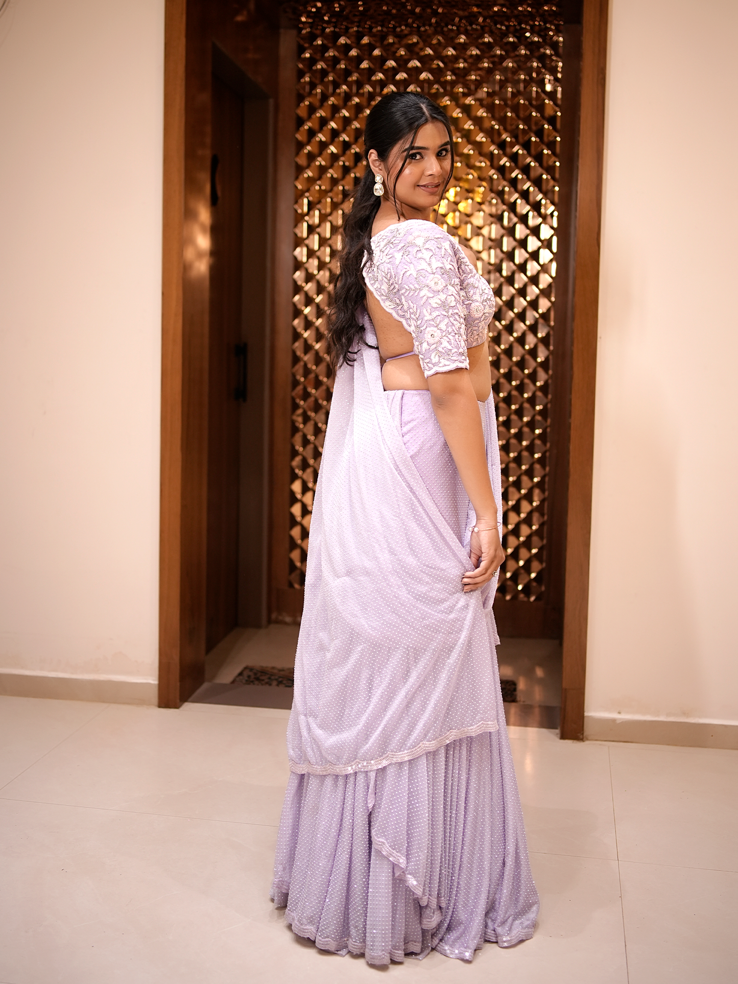 Lavender Whimsy: Embroidered Blouse & Flared Skirt Set