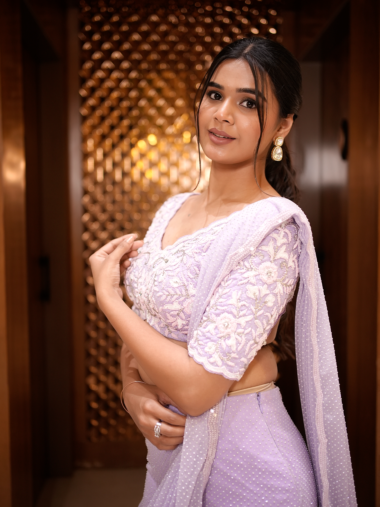 Lavender Whimsy: Embroidered Blouse & Flared Skirt Set