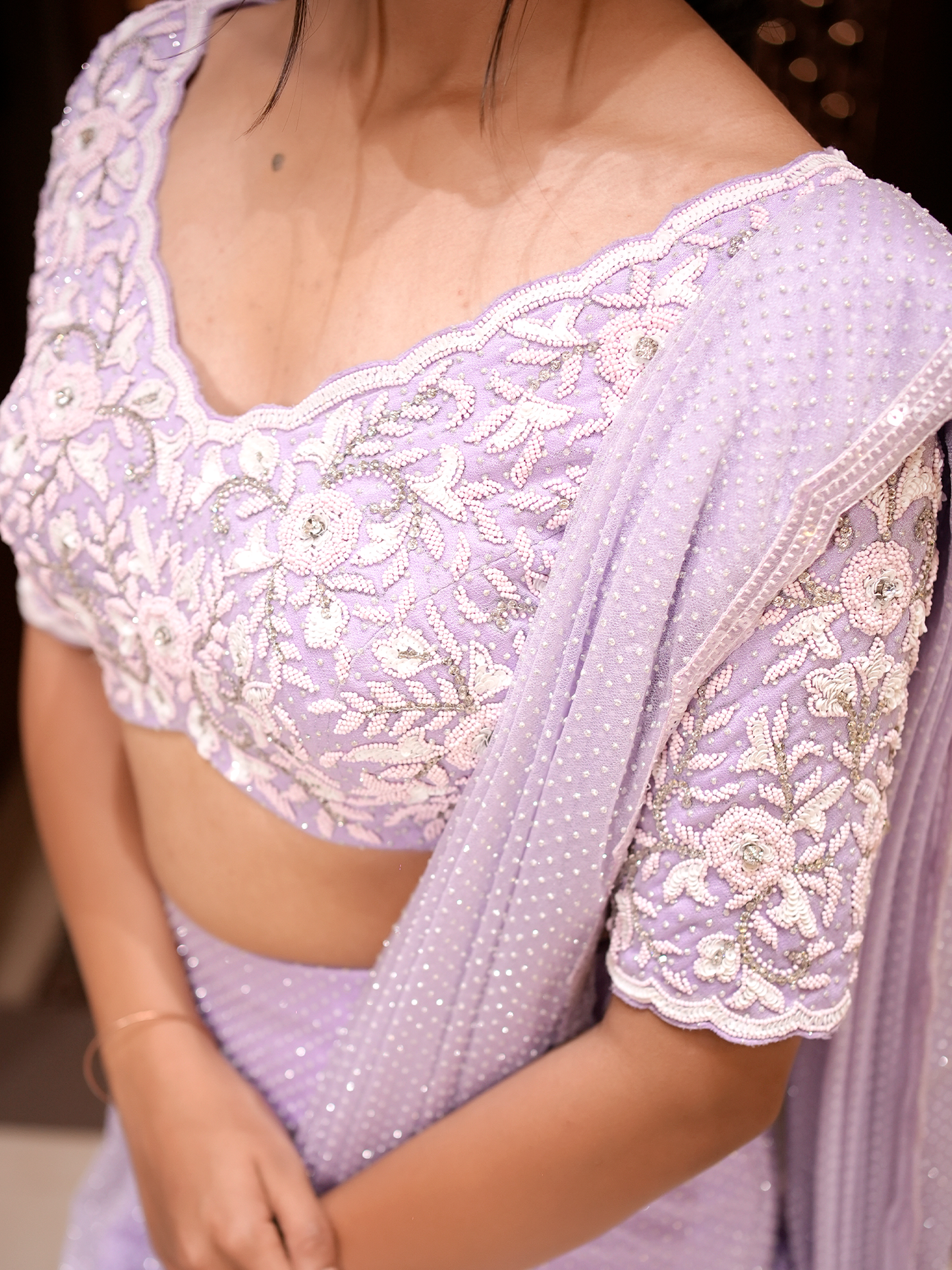 Lavender Whimsy: Embroidered Blouse & Flared Skirt Set