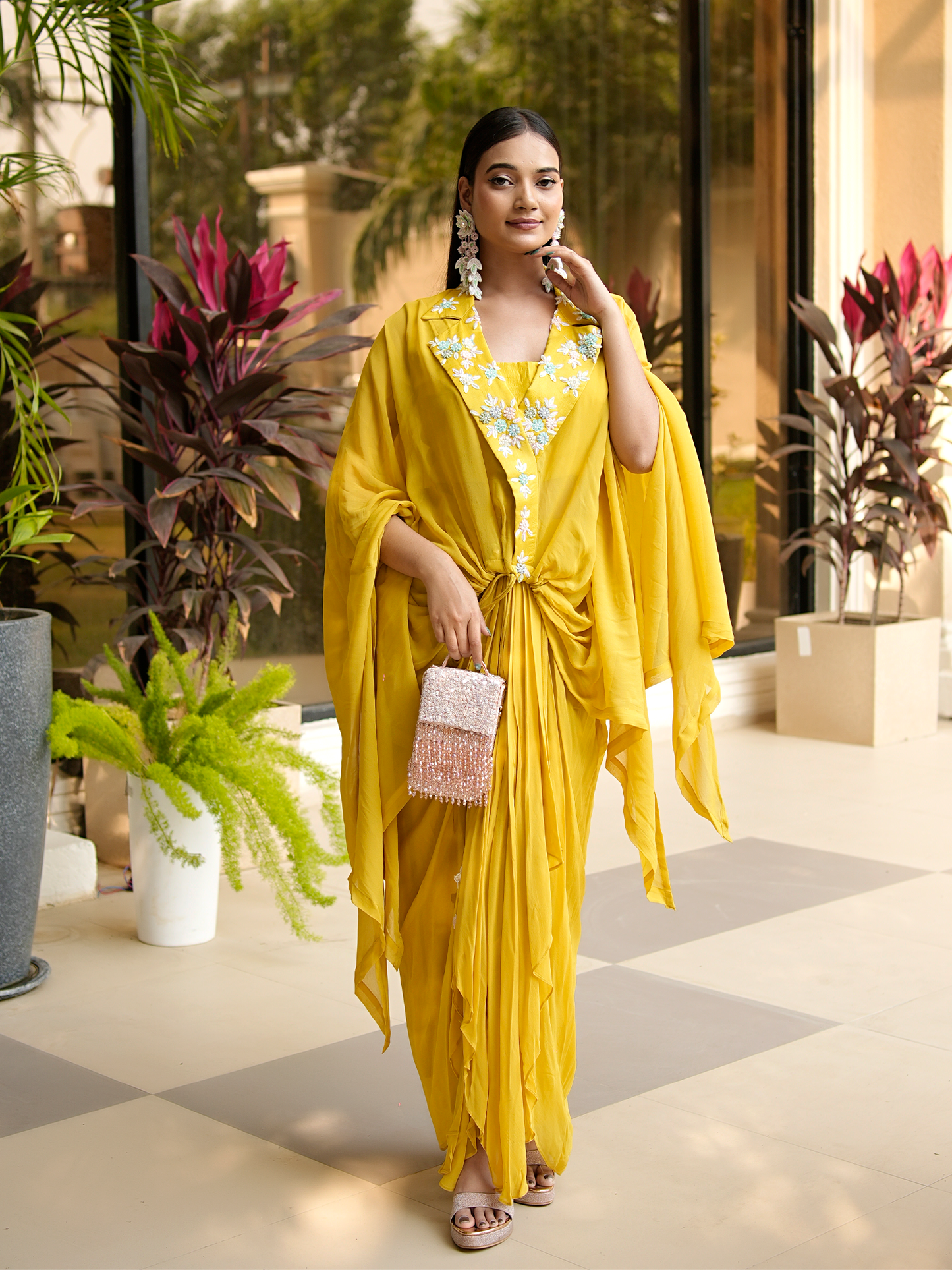 Golden Meadow: 3D Embroidered Cape & Drape Skirt Set
