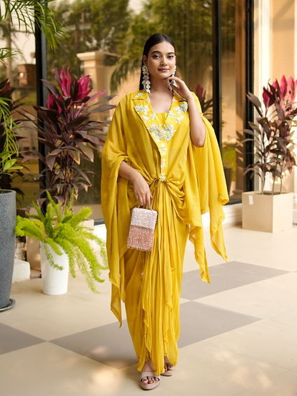 Golden Meadow: 3D Embroidered Cape & Drape Skirt Set