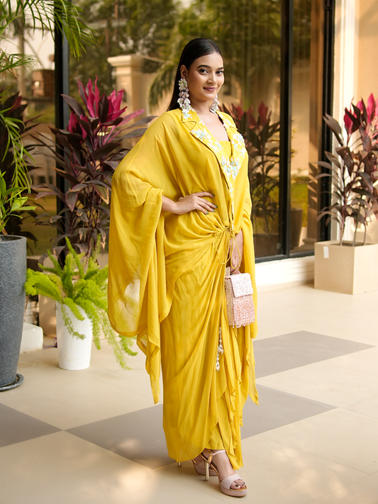 Golden Meadow: 3D Embroidered Cape & Drape Skirt Set