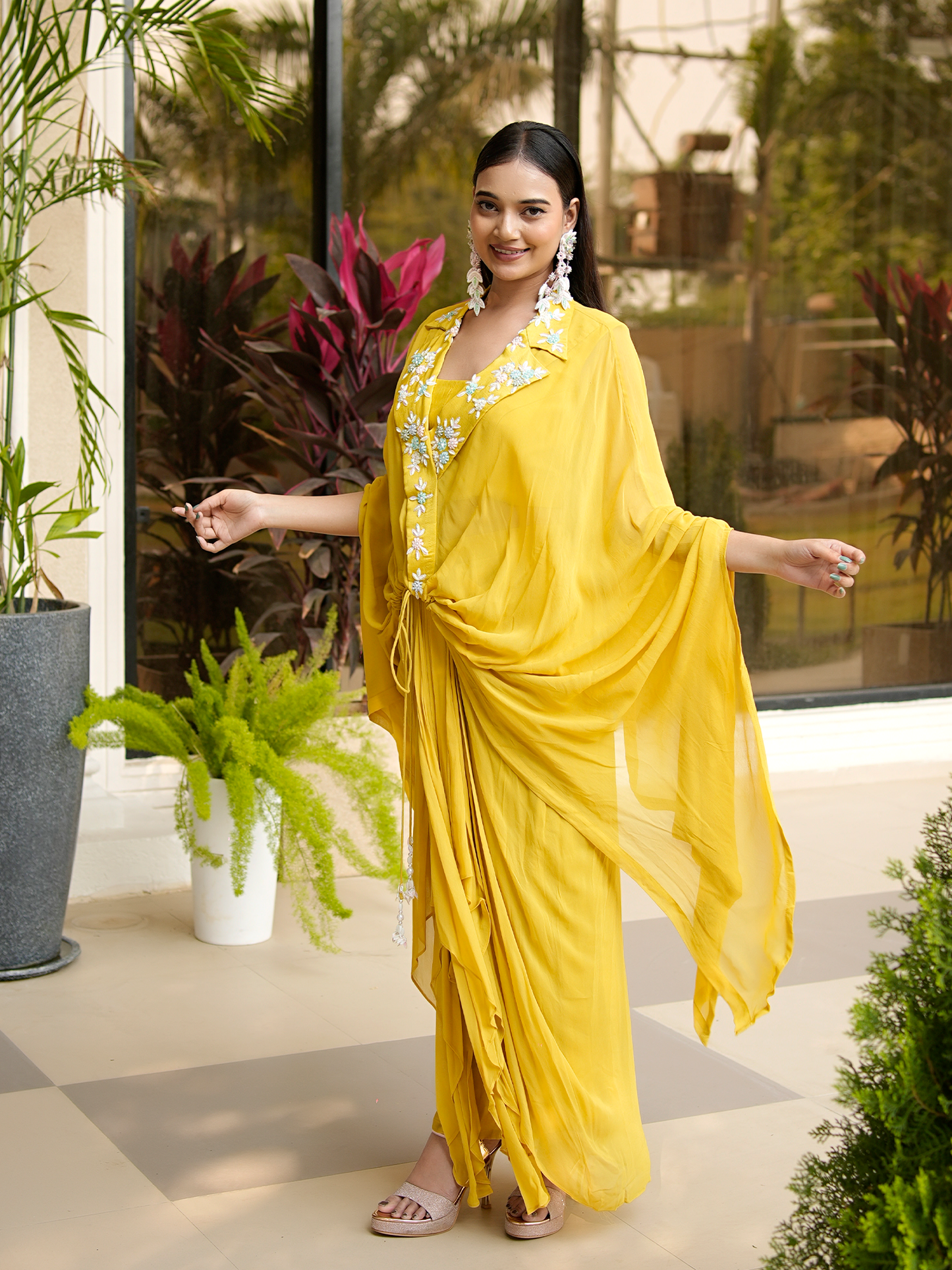 Golden Meadow: 3D Embroidered Cape & Drape Skirt Set