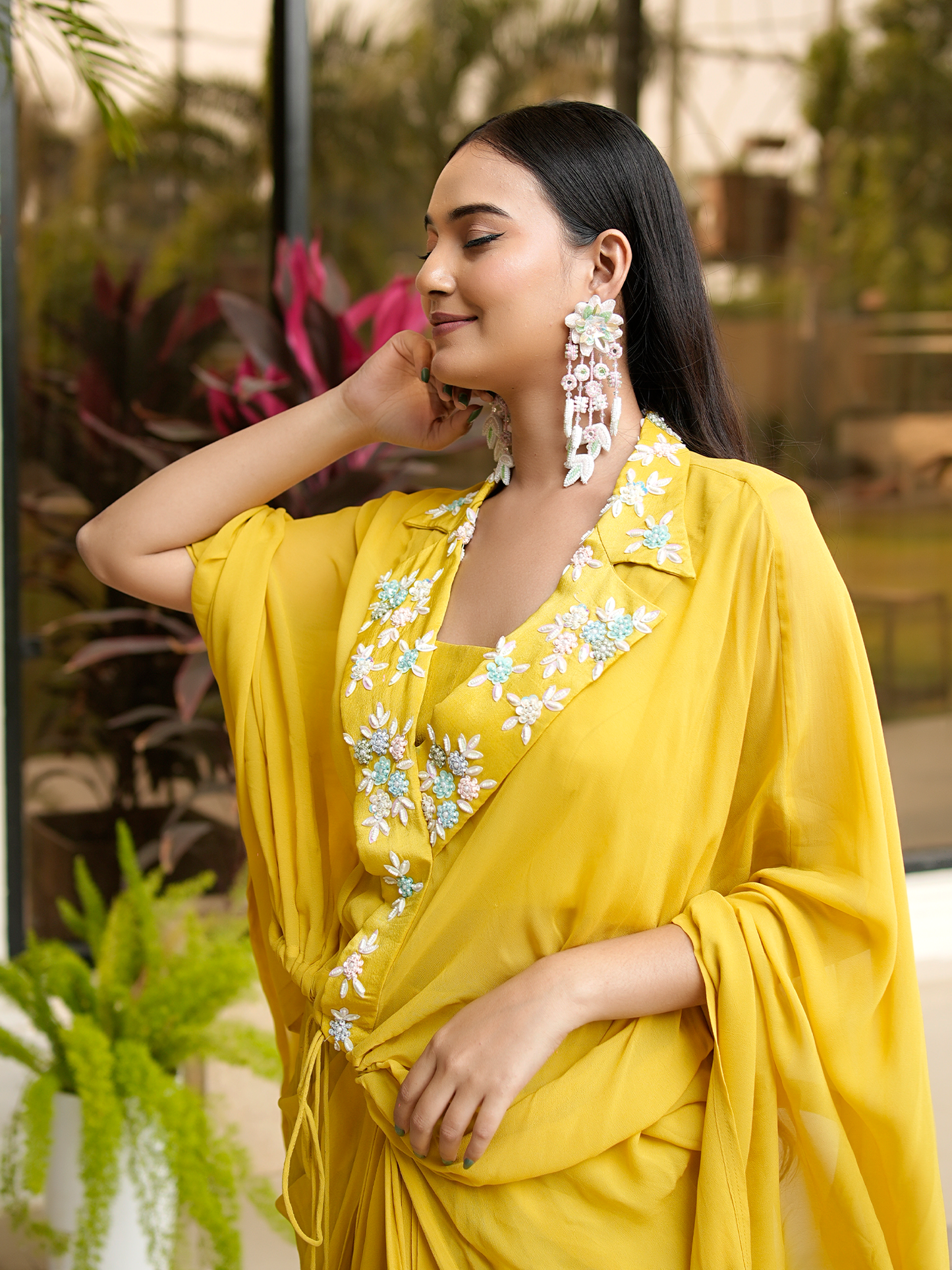 Golden Meadow: 3D Embroidered Cape & Drape Skirt Set