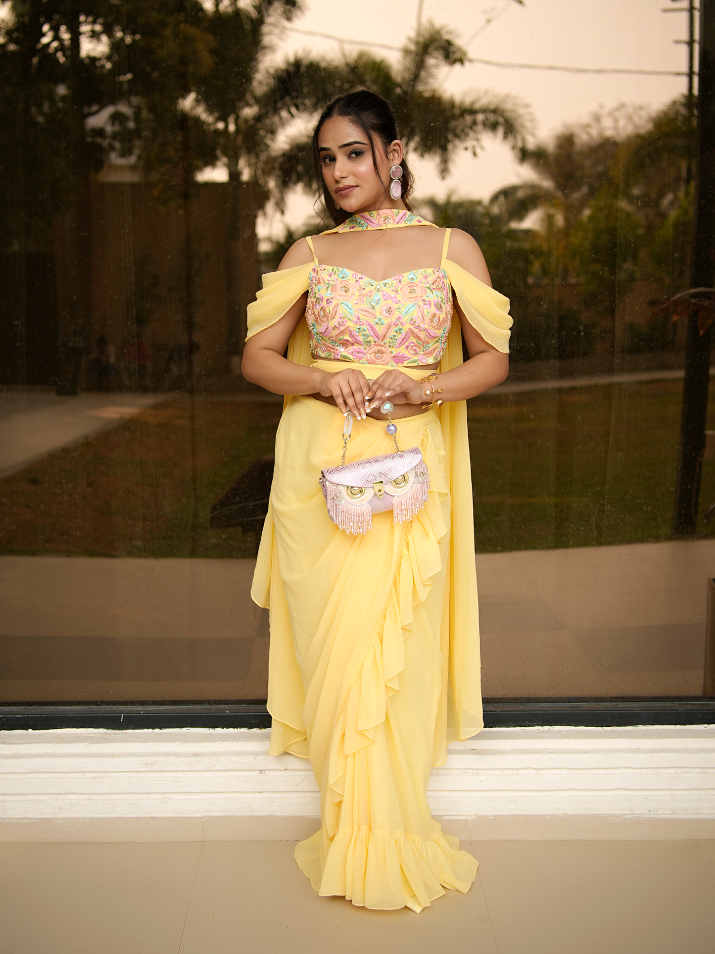 Lemon Fizz: Embroidered Bustier & Ruffle Saree Set