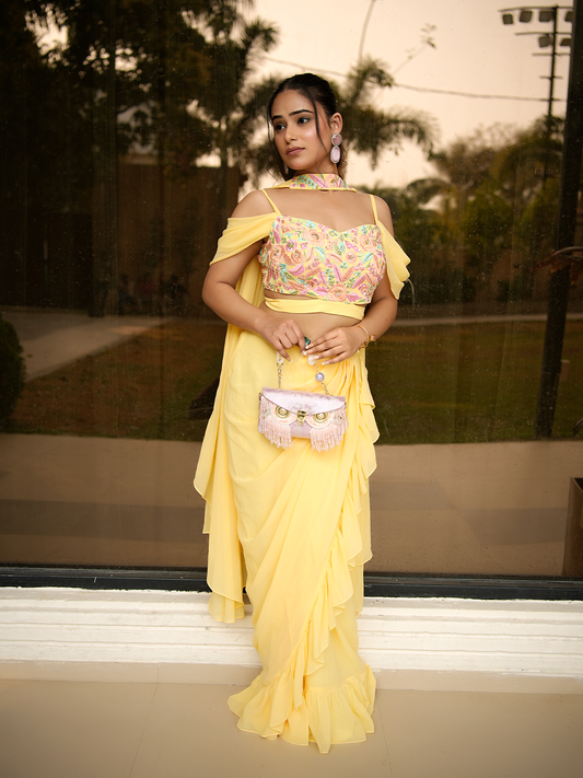 Lemon Fizz: Embroidered Bustier & Ruffle Saree Set