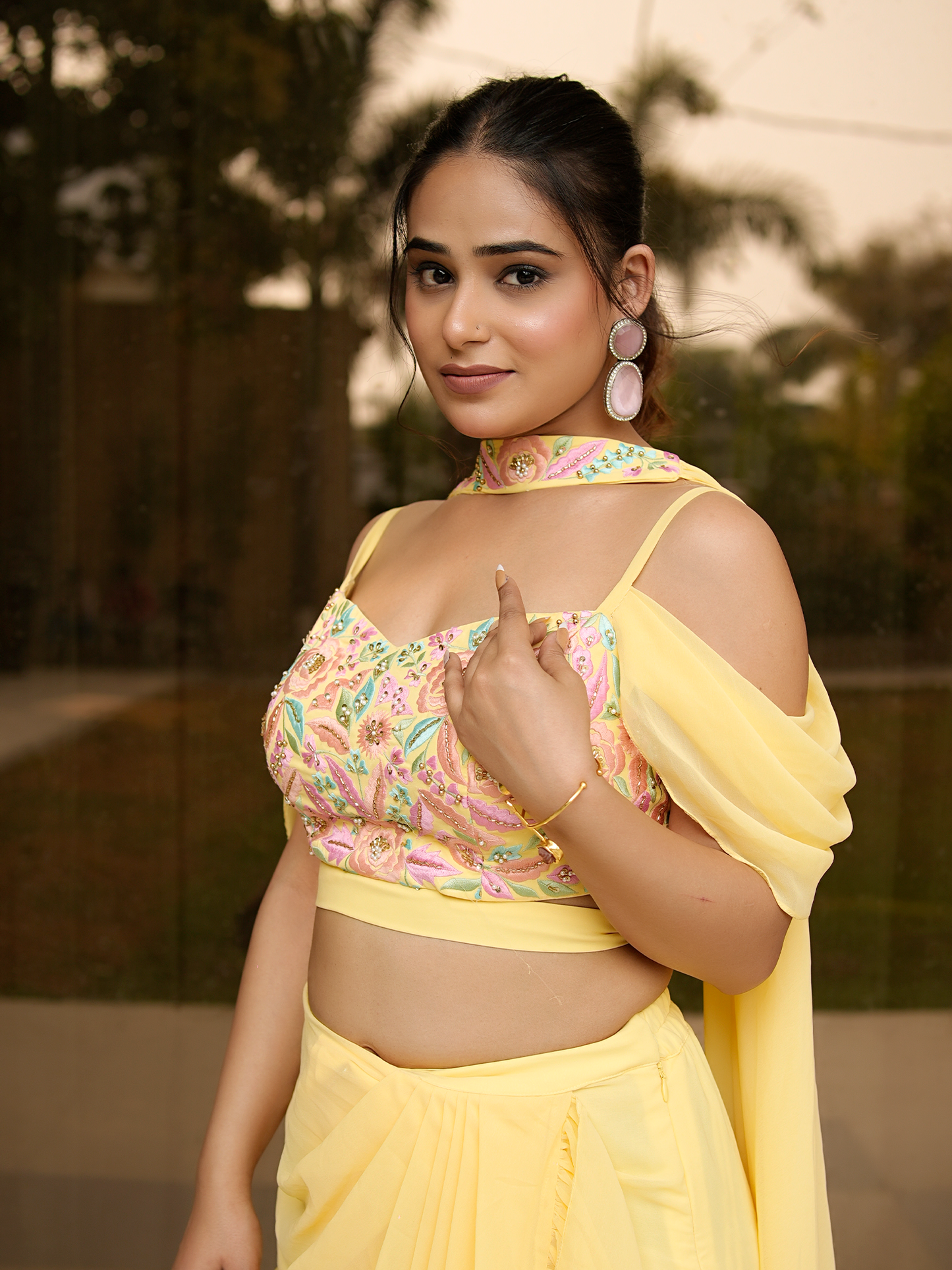 Lemon Fizz: Embroidered Bustier & Ruffle Saree Set