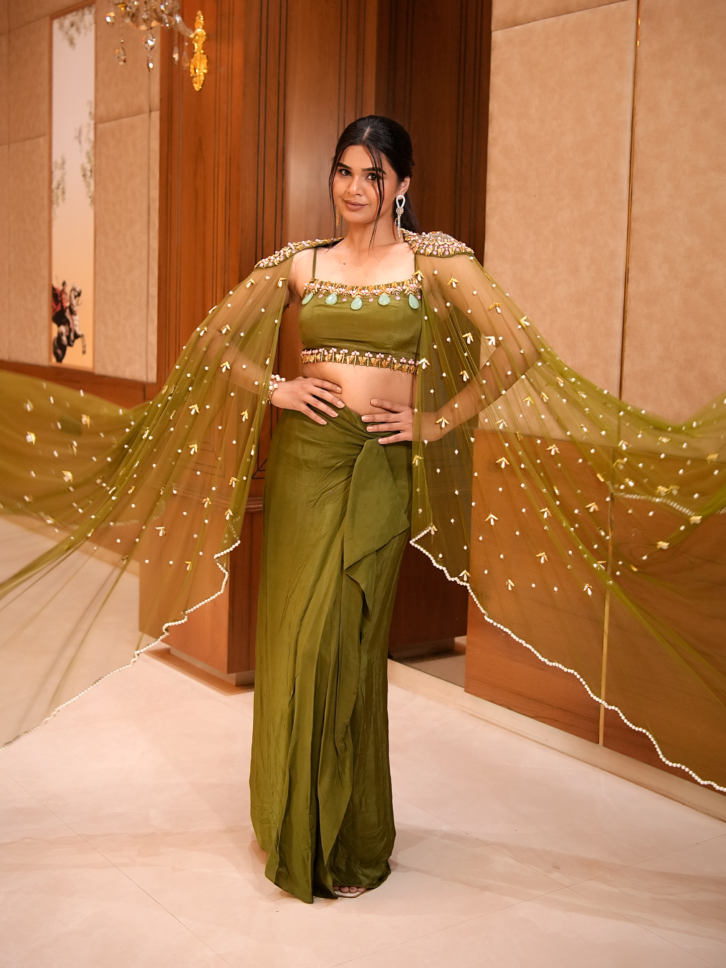 Ethereal Olive: Cape Blouse & Draped Skirt Set
