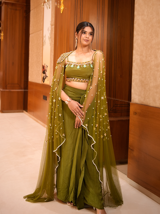 Ethereal Olive: Cape Blouse & Draped Skirt Set